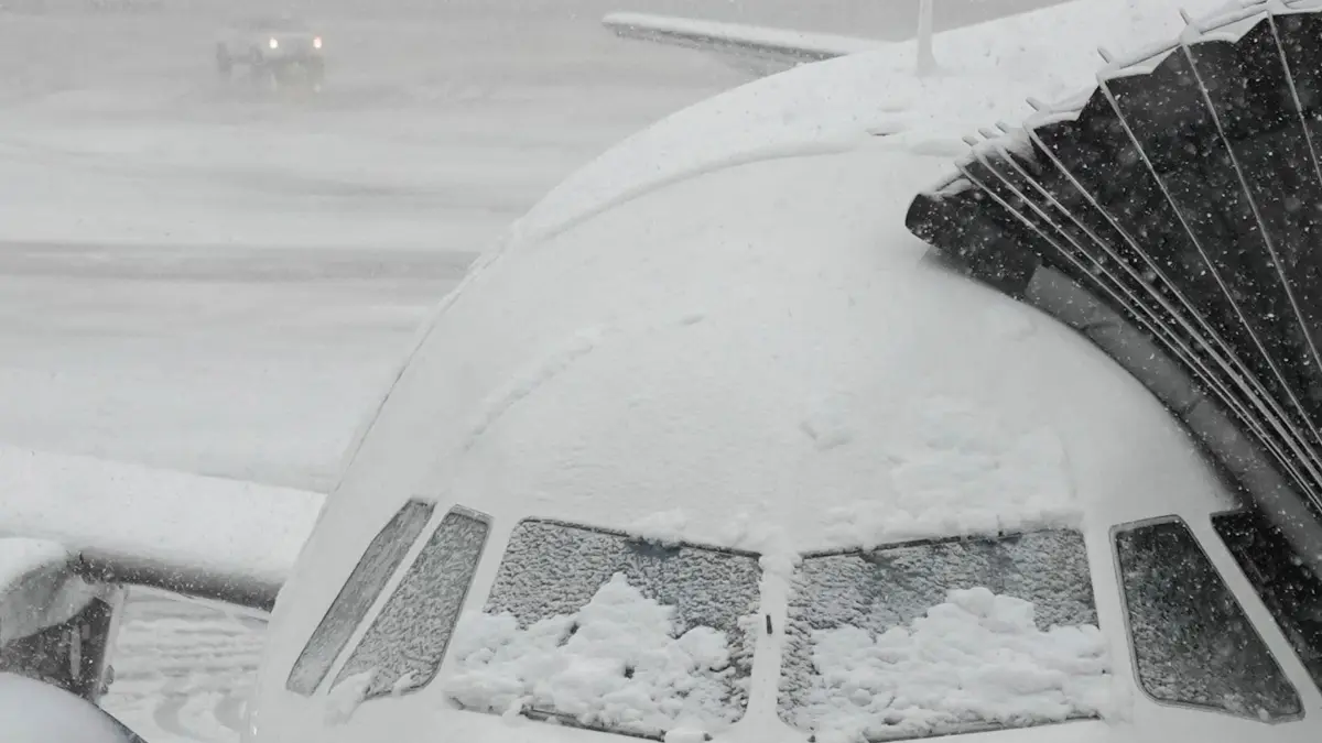 Winterwetter in New York: ARCHIV - 13.02.2024, USA, New York: Schnee bedeckt die Fenster eines Flugzeugs, das am John F. Kennedy International Airport an einem Gate steht. (zu dpa: «Wintersturm im Nordosten der USA: Hunderte Flüge gestrichen») Foto: Frank Franklin II/AP/dpa +++ dpa-Bildfunk +++