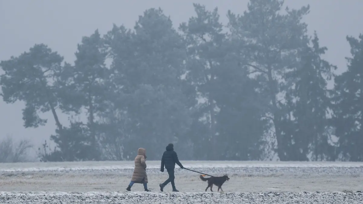 Wetter in Baden-Württemberg: 28.12.2025, Baden-Württemberg, Rottweil: Ein Mann und eine Frau gehen mit einem Hund spazieren. Foto: Silas Stein/dpa +++ dpa-Bildfunk +++