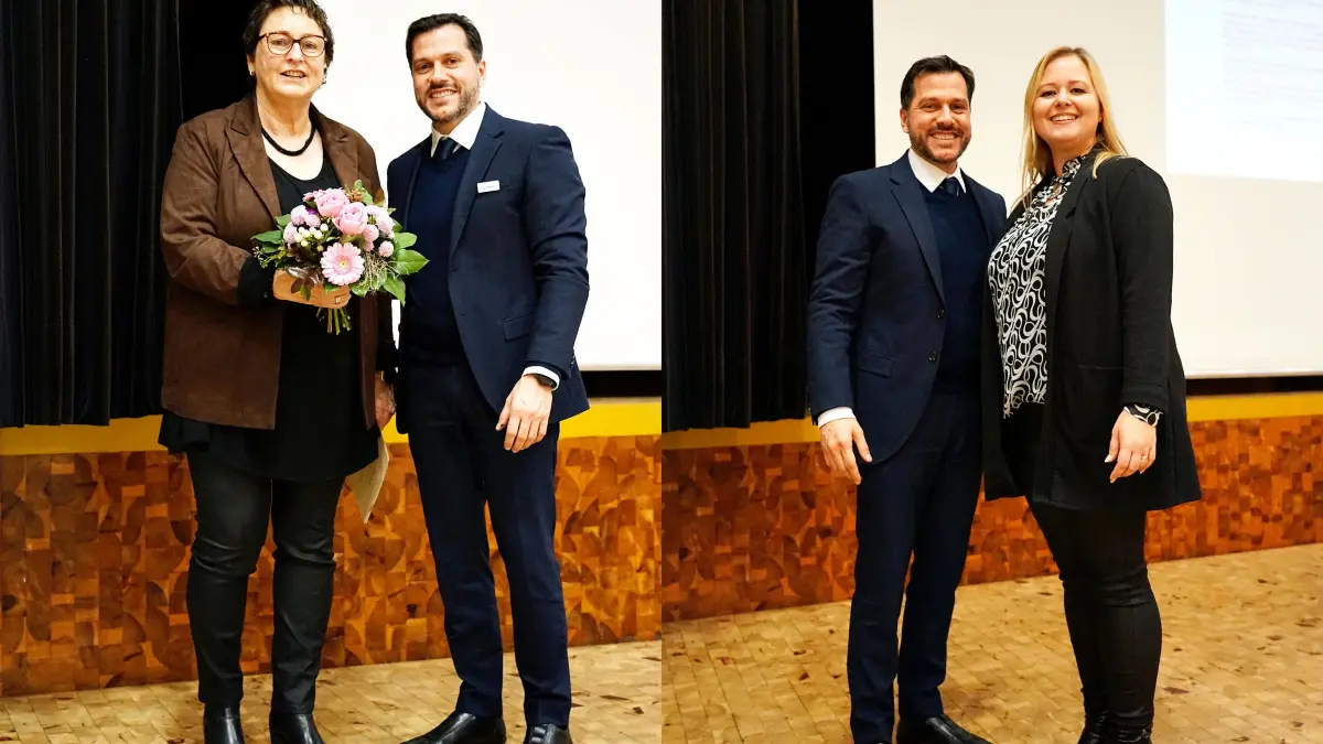 Geislinger Gemeinderat. Verabschiedung von Margit Schrag (Bildung, Kultur, Jugend und Ehrenamt) links im Bild neben Geislingens Oberbürgermeister Ignazio Ceffalia, rechts im Bild ihre Nachfolgerin Carolin Stütz ebenfalls neben Geislingens Oberbürgermeister Ignazio Ceffalia.