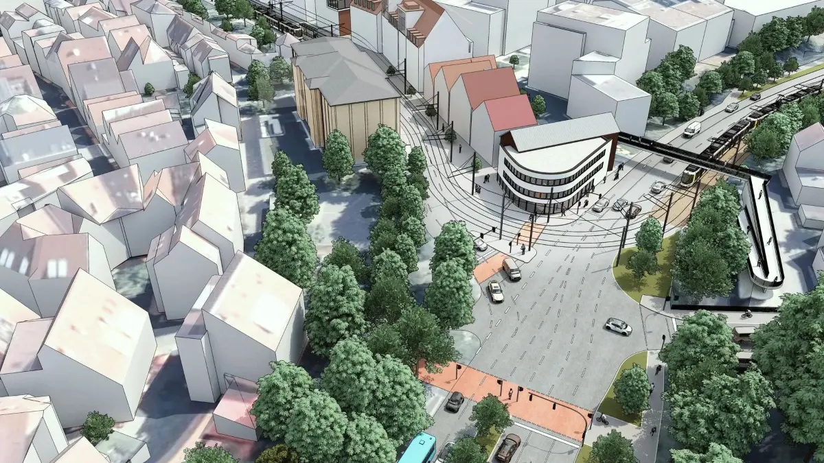 Diese Visualisierung zeigt, wie die Stadtbahn bei der Gartenstraße-Variante über den Lindachknoten geführt wird.