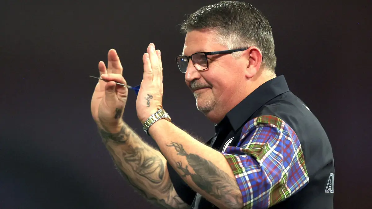 Darts-WM in London: 30.12.2025, Großbritannien, London: Darts: WM, Achtelfinale, Anderson (Schottland) - van Gerwen (Niederlande). Gary Anderson jubelt über seinen Sieg. Foto: Steven Paston/PA Wire/dpa +++ dpa-Bildfunk +++