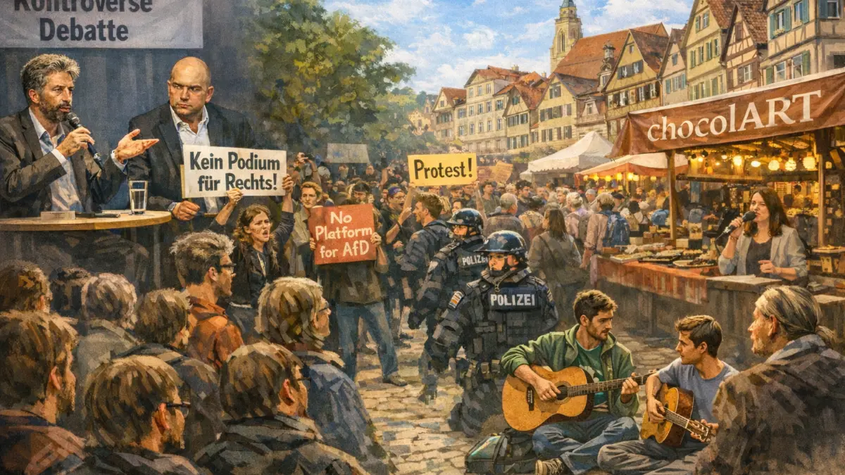 Tübinger Straßenszene nennt ChatGPT das Bild, das es nach folgender Aufforderung erstellt hat: Mein Kollege hat folgendes Gespräch mit dir geführt. Kannst du den Inhalt in Form eines Bildes illustrieren?