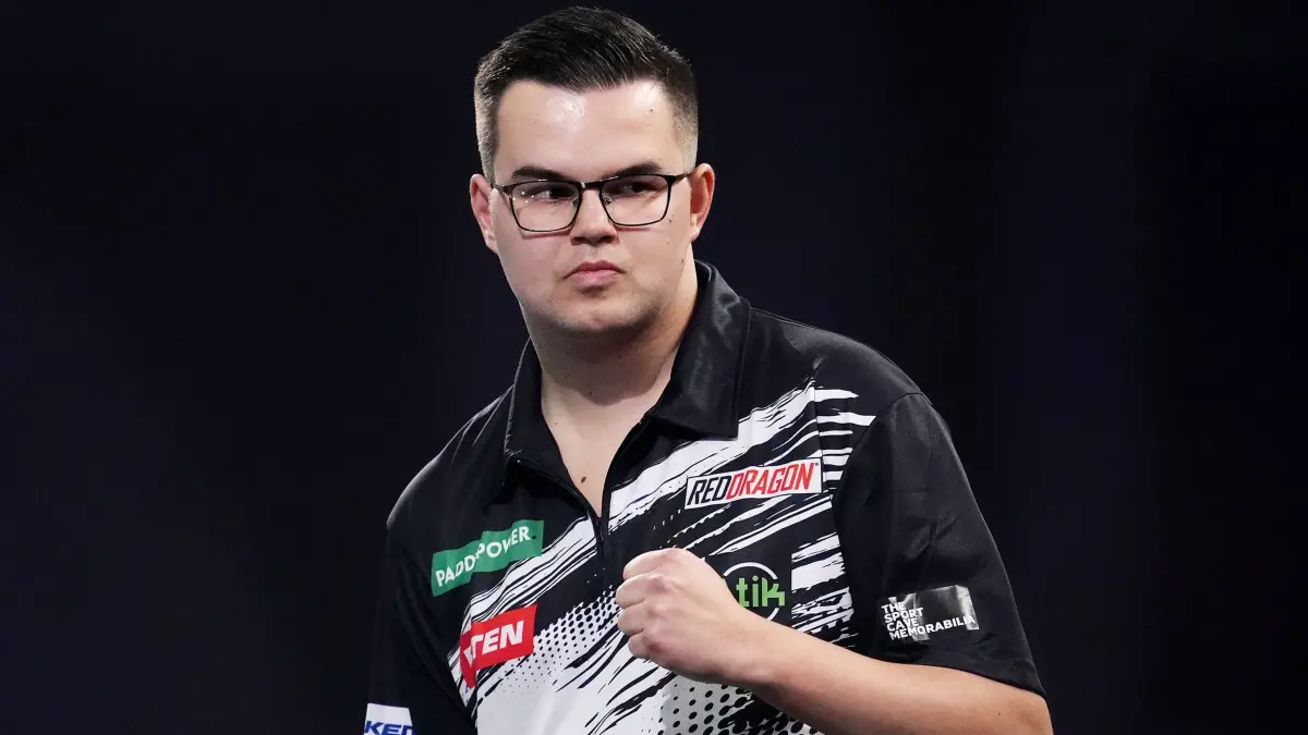 Darts-WM in London: 02.01.2026, Großbritannien, London: Darts: WM, Halbfinale, van Veen (Niederlande) - Anderson (Schottland), Gian van Veen jubelt während des Spiels. Foto: Adam Davy/PA Wire/dpa +++ dpa-Bildfunk +++