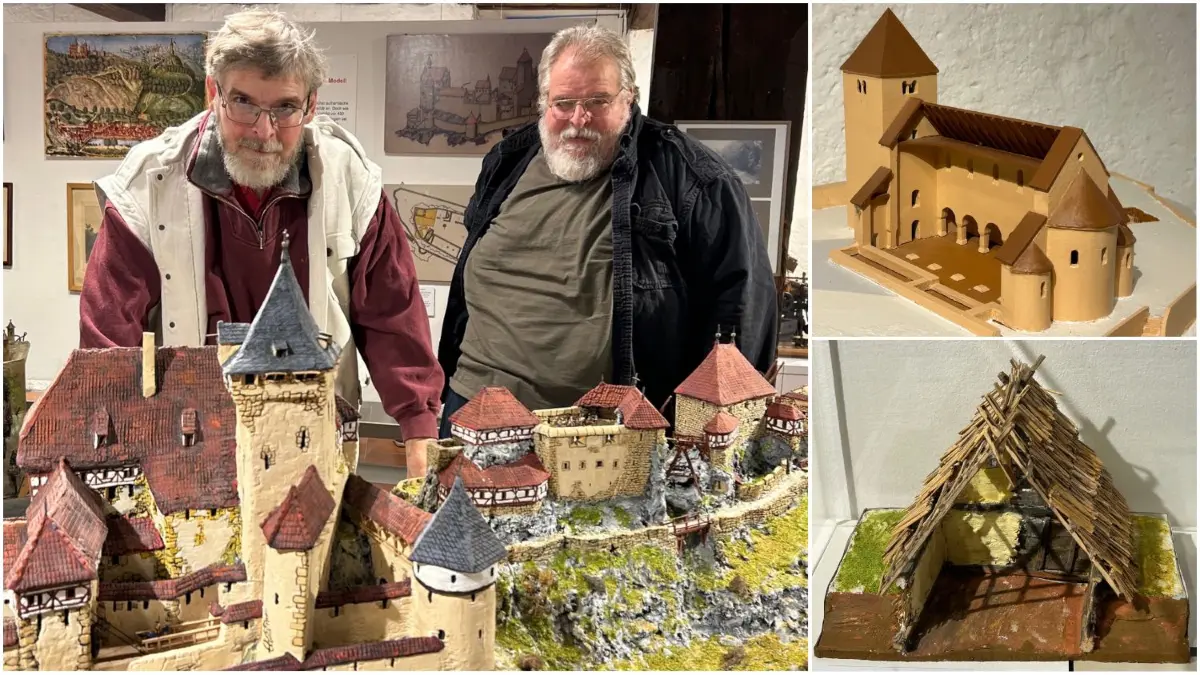 Thorsten und Jochen Böhm hinter dem großen Modell der Burg Helfenstein. Sie waren noch Schüler, als sie die Burg vor 30 Jahren rekonstruierten. Rechts oben die romanische Basilika, die einst auf dem Lindenhof stand, dem frühen Siedlungskern Geislingens. Eine Rekonstruktion von Thorsten Böhm. Darunter das erste historische Modell, das Jochen Böhm als Schüler gebaut hat: ein alemannisches Grubenhaus.
