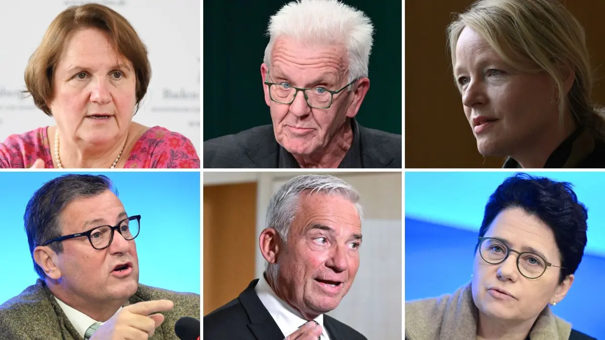 Kultusministerin Theresa Schopper, Ministerpräsident Winfried Kretschmann, Umweltministerin Thekla Walker, Agrarminister Peter Hauk, Innenminister Thomas Strobl und Justizministerin Marion Gentges (von oben links nach unten rechts).