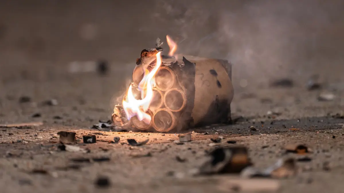 Feuerwerkskörper: ARCHIV - 01.01.2026, Baden-Württemberg, Stuttgart: Eine abgebrannte Feuerwerksbatterie liegt in der Silvesternacht brennend auf dem Marienplatz. (zu dpa: «Brand in Mehrfamilienhaus: Ursache wahrscheinlich Feuerwerk») Foto: Silas Stein/dpa +++ dpa-Bildfunk +++