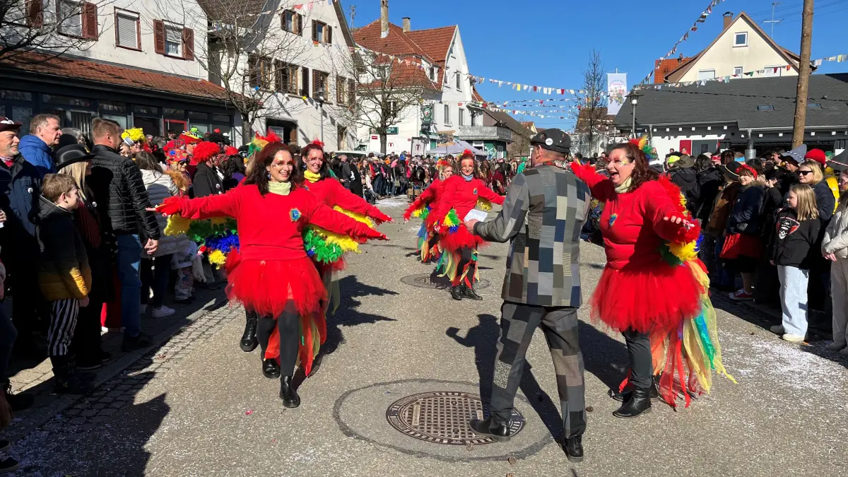 Die Wilde Liga war 2025 beim Weitinger Umzug mit farbenfrohen Ara-Kostümen unterwegs