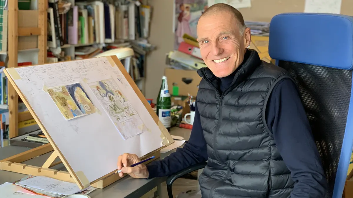 Jürgen Kizler aus Untermünkheim-Kupfer in seinem Atelier/Arbeitszimmer. Er gehört zu den Dozenten der 2. Winterakademie an der Haller Akademie der Künste, der gelernte Bauzeichner und ehemalige Pastor zeichnet unter andere Comics und gibt dazu auch Workshops