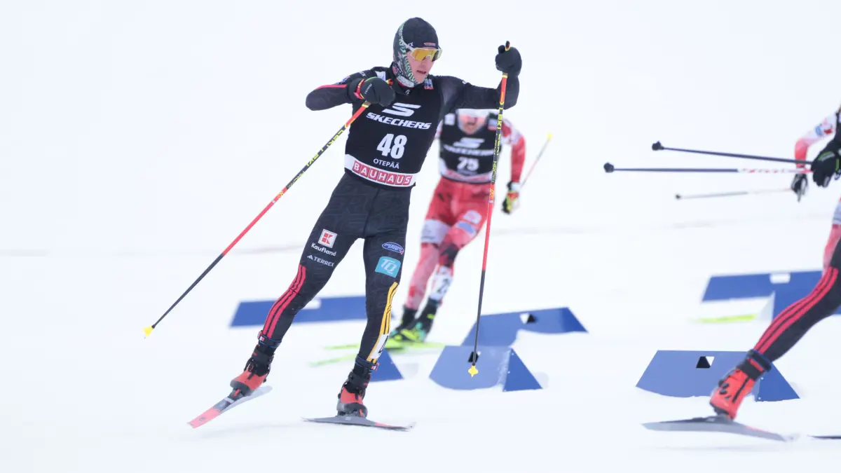 Viessmann FIS Nordic Combined World Cup 2025-26 in Otepaa, Estonia: Vinzenz GEIGER, GER, Bib number 14, run 1, Action Photo,
Manuel FAISST, GER, Bib number 48, run 1, Action Photo,
Lukas GREIDERER, AUT, Bib number 25, run 1, Action Photo,, Men's Individual Mass Start Normal Hill HS97/5,0 Km at Viessmann FIS Nordic Combined World Cup 2025-26 in Otepaa, Estonia, 2026-01-09, Photo Credit: action press / NocoGirls