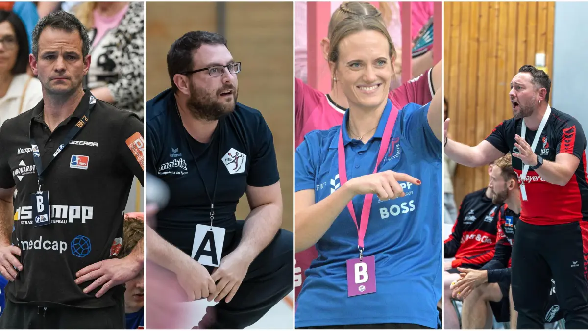Auch die regionalen Handballtrainer fiebern der Handball-EM der Männer entgegen: Matti Flohr (links), André Röthlingshöfer (2 v. links), Miriam Hirsch (3. v. links), und Dominik Koch (rechts).