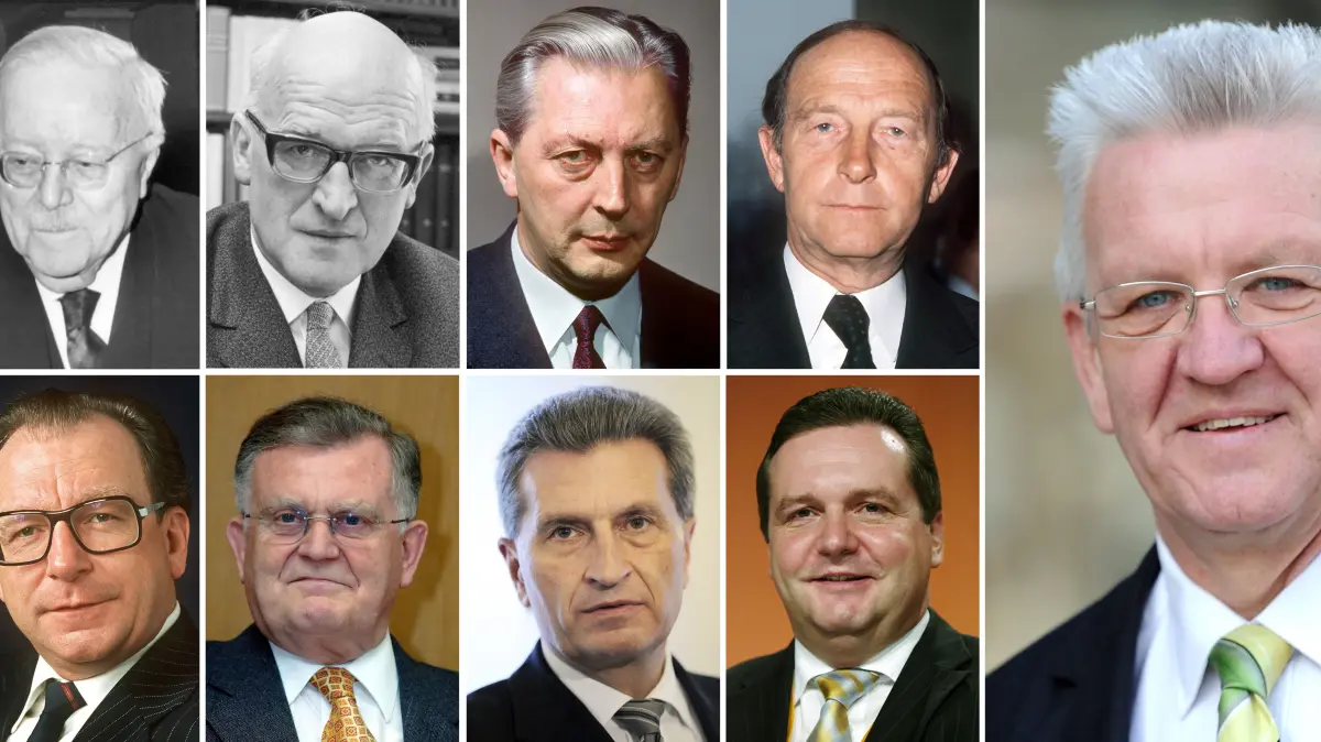 Eine Bildkombo zeigt die Ministerpräsidenten von Baden-Württemberg: Reinhold Maier (DVP/FDP, 1952 - 1953, obere Reihe l-r), Gebhard Müller (CDU, 1953 - 1958), Kurt Georg Kiesinger (CDU, 1958 - 1966), Hans Filbinger (CDU, 1966 - 1978), Lothar Späth (CDU, 1978 - 1991, untere Reihe l-r), Erwin Teufel (1991 - 2005), Günther Oettinger (CDU, 2005 - 2010), Stefan Mappus (CDU, 2010 - 2011) und Winfried Kretschmann (Bündnis 90/Die Grünen, seit 2011, r). Am Donnerstag (12.05.2011) erlebt Baden-Württemberg durch die Wahl von Winfried Kretschmann zum ersten grünen Ministerpräsidenten nach Jahrzehnten der CDU-Herrschaft eine historische Zäsur. Fotos: dpa ++ +++ dpa-Bildfunk +++