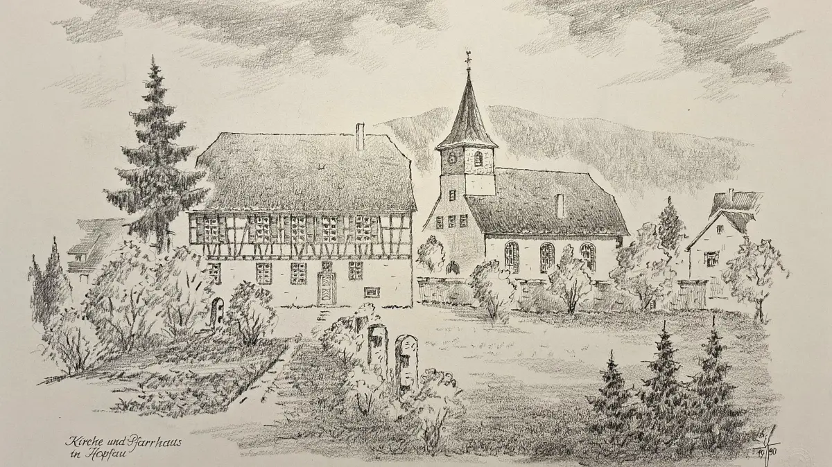 Diese Zeichnung von Erwin Eberhardt zeigt Hopfau.