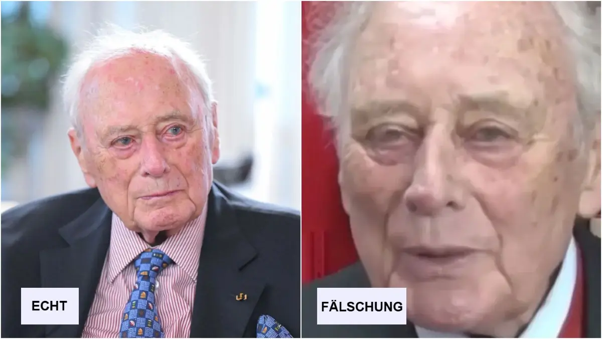 Links ein echtes Foto von Reinhold Würth. Rechts ein Screenshot aus dem Deepfake-Video. Hier spricht keineswegs Reinhold Würth, sondern eine mit künstlicher Intelligenz erschaffene Deepfake-Version.