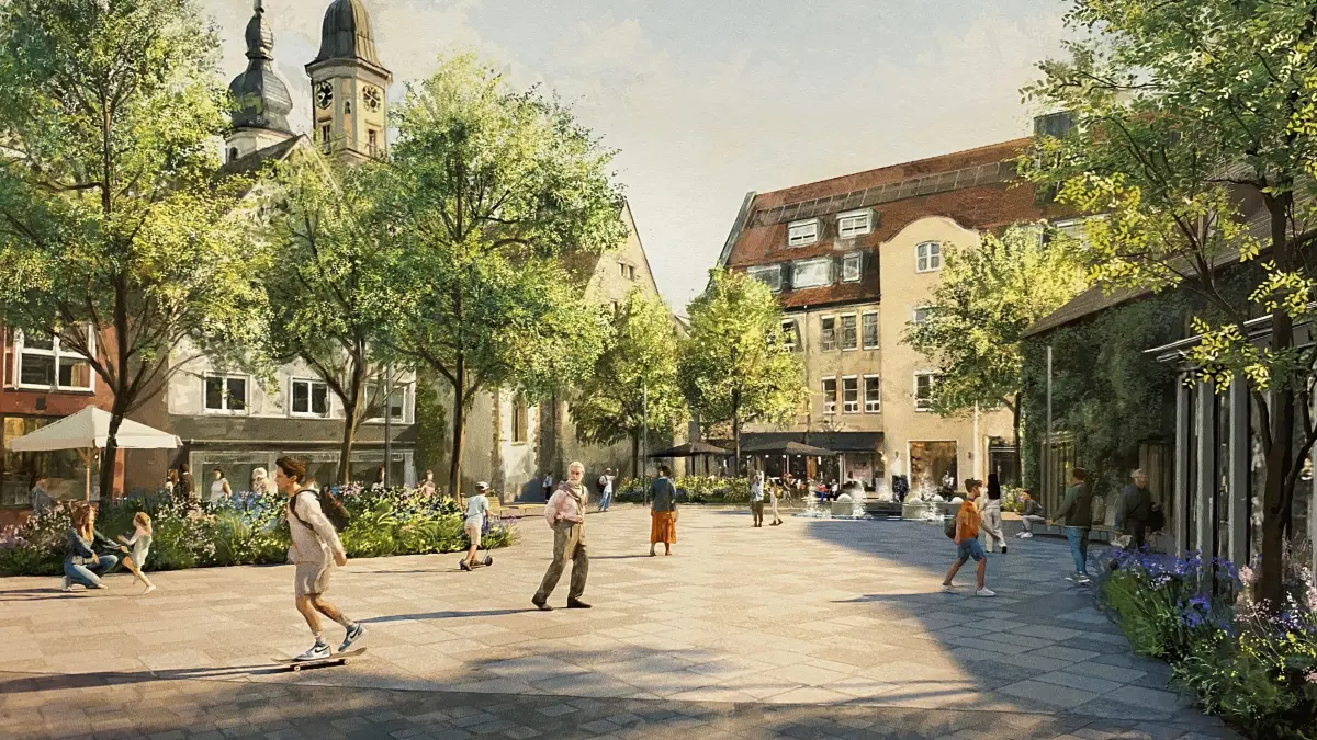 Der Schweinemarktplatz soll im Siegerentwurf des Berliner Büros Franz Reschke Landschaftsarchitektur mit größeren Bäumen und unterschiedlichen Pflastersteinen gestaltet werden. Der Brunnen soll um ein Wasserspiel erweitert werden.