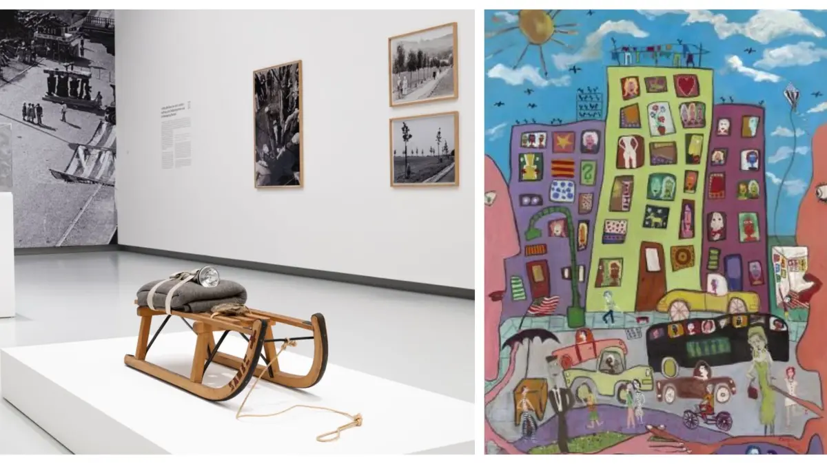 Links: Joseph Beuys, Schlitten, 1969. Rechts: James Rizzi, Frühwerk von . Und wo bitte sind da die Gemeinsamkeiten?