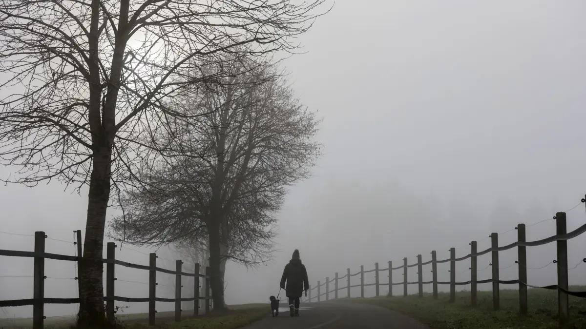 Wetter: ARCHIV - 30.11.2025, Baden-Württemberg, Bad Saulgau: Eine Frau läuft im Nebel mit ihrem Hund spazieren. (zu dpa: «Wieder kälter in Hessen») Foto: Thomas Warnack/dpa +++ dpa-Bildfunk +++