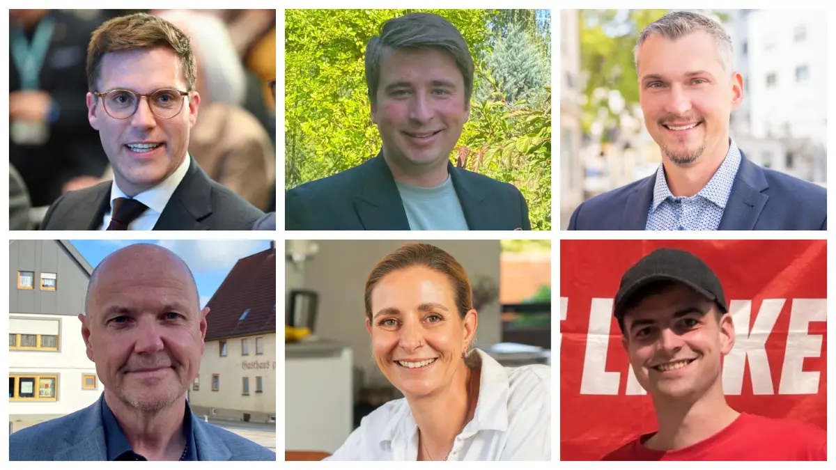 Kandidierende zur Landtagswahl 2026 im Wahlkreis Ehingen: Manuel Hagel (CDU), Tobias Hocke-Beck, Michael Scheffler (AfD), Uwe Schwarz (FDP), Lisa Späth (SPD) und Nicklas Boden (Linke).