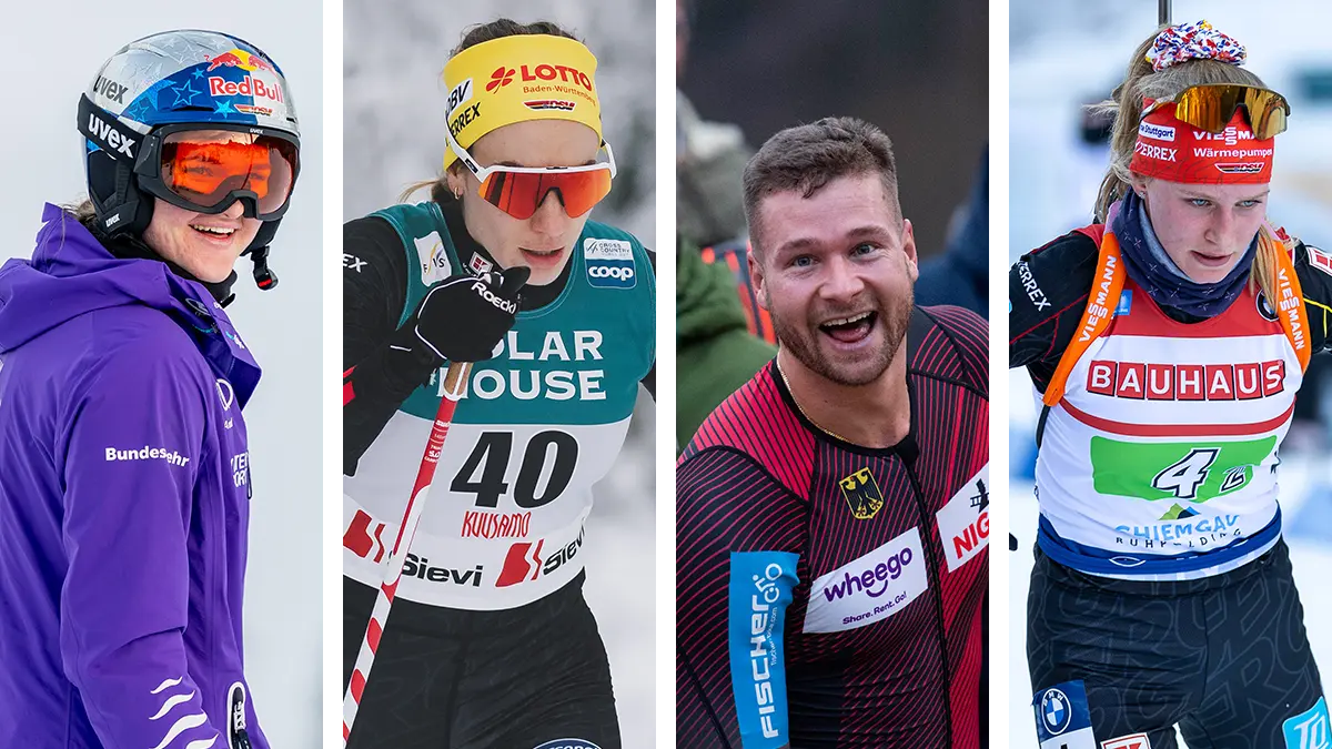 Emma Aicher (Ski alpin), Pia Fink (Langlauf), Johannes Lochner (Bob) und Julia Tannheimer (Biathlon, von links): Vier der Baden-Württemberger bei den Olympischen Spielen 2026.