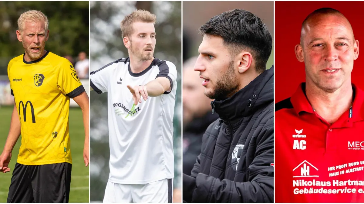 Die Trainer der Zollern-Teams blicken auf die erste Saisonhälfte zurück (v. l.): Lukas Fölsch (TSV Frommern), Fabio Pflumm (FC Grosselfingen), Jovan Djermanovic (FC Hechingen) und Axel Conzelmann (TSV Laufen/Eyach).