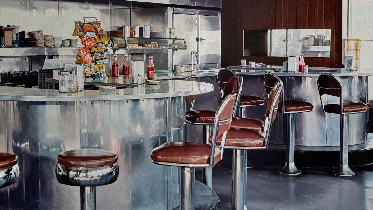 Ralph Goings, Richmond Diner, 1983, Öl auf Leinwand, 101,6 x 147,3 cm, Waddington Custot, London, Paris, Dubai, Foto: Waddington Custot © Ralph Goings, Goings Family Estate, 2026 (nur für Kulturfahrt Baden-Baden verwenden)