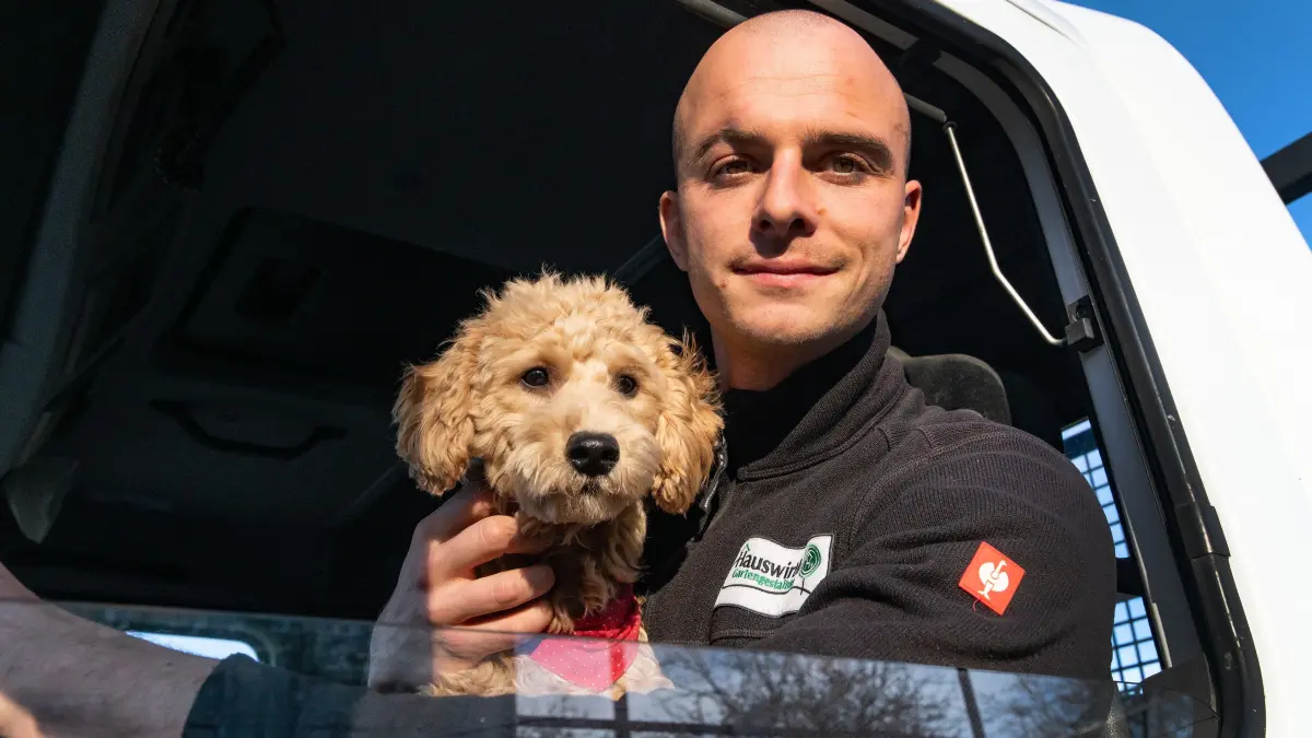 Marcel Maximilian Hauswirth hat vor acht Jahren gemeinsam mit seinem Schwager die Firma „Gartengestaltung Hauswirth“ gegründet. Oft mit dabei: sein Hund. Jetzt möchte der 30-Jährige einen neuen Weg beschreiten und gerne Bürgermeister in Römerstein werden.