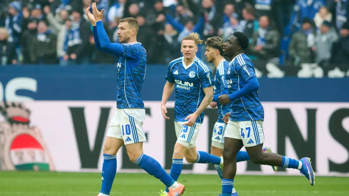 FC Schalke 04 - 1. FC Kaiserslautern: 25.01.2026, Nordrhein-Westfalen, Gelsenkirchen: Fußball, Männer, 2. Bundesliga, 19. Spieltag, FC Schalke 04 - 1. FC Kaiserslautern, Veltins Arena: Edin Dzeko (FC Schalke 04) jubelt nach dem 2:2. Foto: Bernd Thissen/dpa - WICHTIGER HINWEIS: Gemäß den Vorgaben der DFL Deutsche Fußball Liga bzw. des DFB Deutscher Fußball-Bund ist es untersagt, in dem Stadion und/oder vom Spiel angefertigte Fotoaufnahmen in Form von Sequenzbildern und/oder videoähnlichen Fotostrecken zu verwerten bzw. verwerten zu lassen. +++ dpa-Bildfunk +++