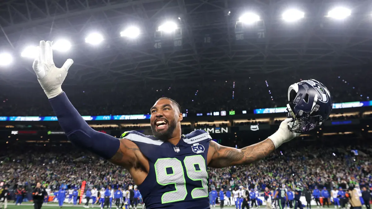 NFC Championship Game: Los Angeles Rams v Seattle Seahawks: SEATTLE, WASHINGTON - JANUARY 25: Leonard Williams #99 of the Seattle Seahawks celebrates after defeating the Los Angeles Rams 31-27 in the NFC Championship game at Lumen Field on January 25, 2026 in Seattle, Washington. The Seahawks won 31-27. Steph Chambers/Getty Images/AFP (Photo by Steph Chambers / GETTY IMAGES NORTH AMERICA / Getty Images via AFP)