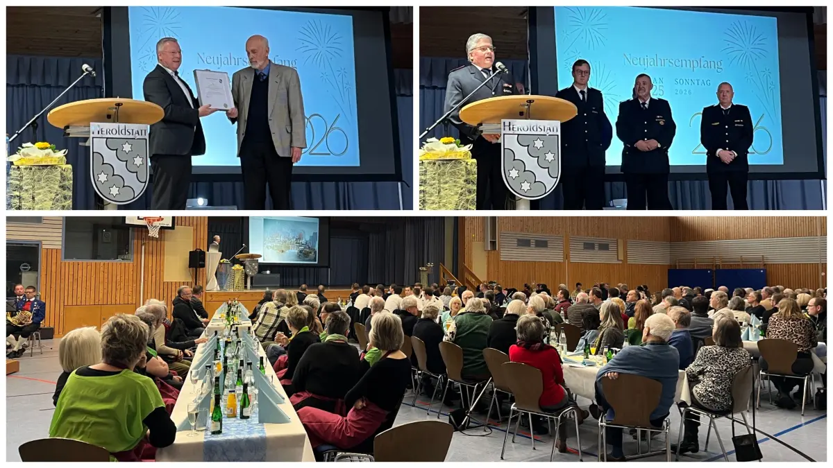 Neujahrsempfang 2026 Heroldstatt. Bürgermeister Michael Weber zeichnet Horst Bongscho mit der Ehrenmedaille in Silber aus (oben links). Oben recht: Mit Rudolf Heilig, Kommandant Patrick Bröckel, Ehrenkommandant Hubert Bader und Michael Lamparter (von links) standen schließlich gleich vier frühere oder amtierende Kommandanten der Freiwilligen Feuerwehr gemeinsam auf der Bühne.