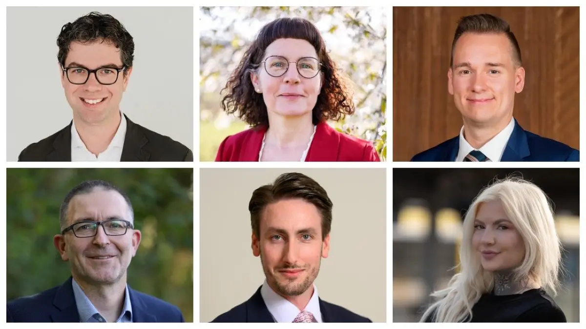 Die Landtagskandidaten aus dem Wahlkreis Backnang für 2026. Ralf Nentwich (Die Grünen), Simone Kirschbaum (SPD), Daniel Lindenschmid (AfD) (Oben v.l.n.r.). Dr. med. Jens Steinat (CDU), Marc Jurić (FDP) und Allegra Conrad (Die Linke) (Unten v.l.n.r.).