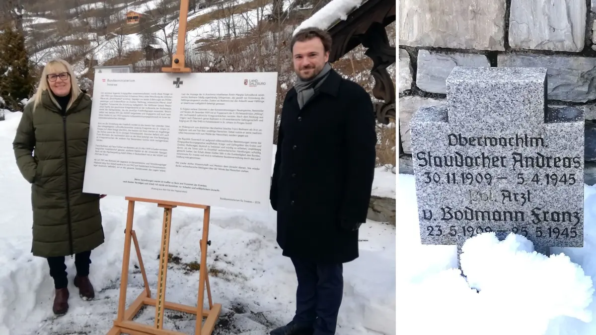 Bildtext 1Bürgermeisterin Michaela Höfelsauer und Stephan Mlczoch vom österreichischen Bundesinnenministerium bei der Enthüllung der Bodman-Tafel. Foto: Raimund WeibleBildtext 2Der Grabstein in Lend, auf dem der Name Bodmans mit zwei „n“ geschrieben ist. Foto: Raimund Weible