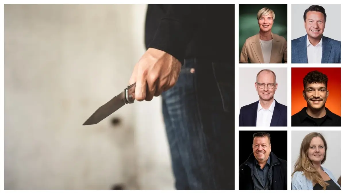 Was sagen die Landtagswahl-Kandidaten zur Stadtbilddebatte? Obere Reihe, von links: Cindy Holmberg (Grüne), Manuel Hailfinger (CDU), mittlere Reihe: Timm Kern (FDP), Yannik Hummel (SPD), untere Reihe: Alexander Gräff (AfD), Sonja Schneiderat (Die Linke).