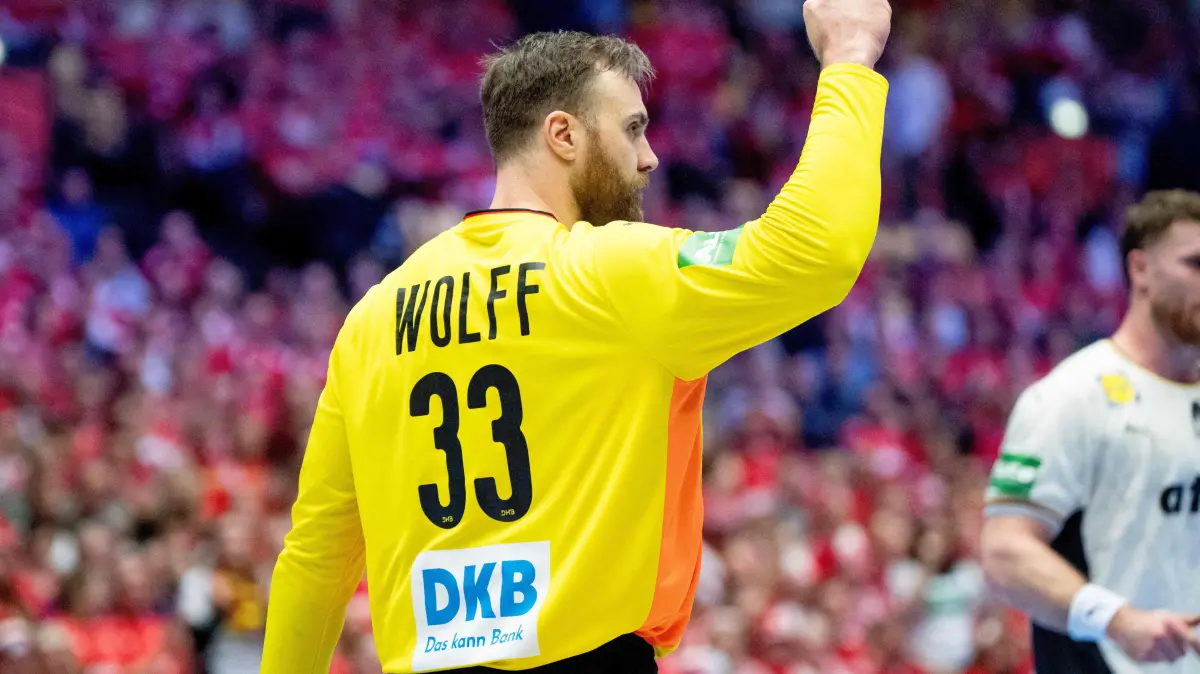 Germany's goalkeeper #33 Andreas Wolff reacts during the men's EHF Euro 2026 semi-finals handball match Germany vs Croatia in Herning, Denmark, on January 30, 2026. (Photo by Bo Amstrup / Ritzau Scanpix / AFP) / Denmark OUT