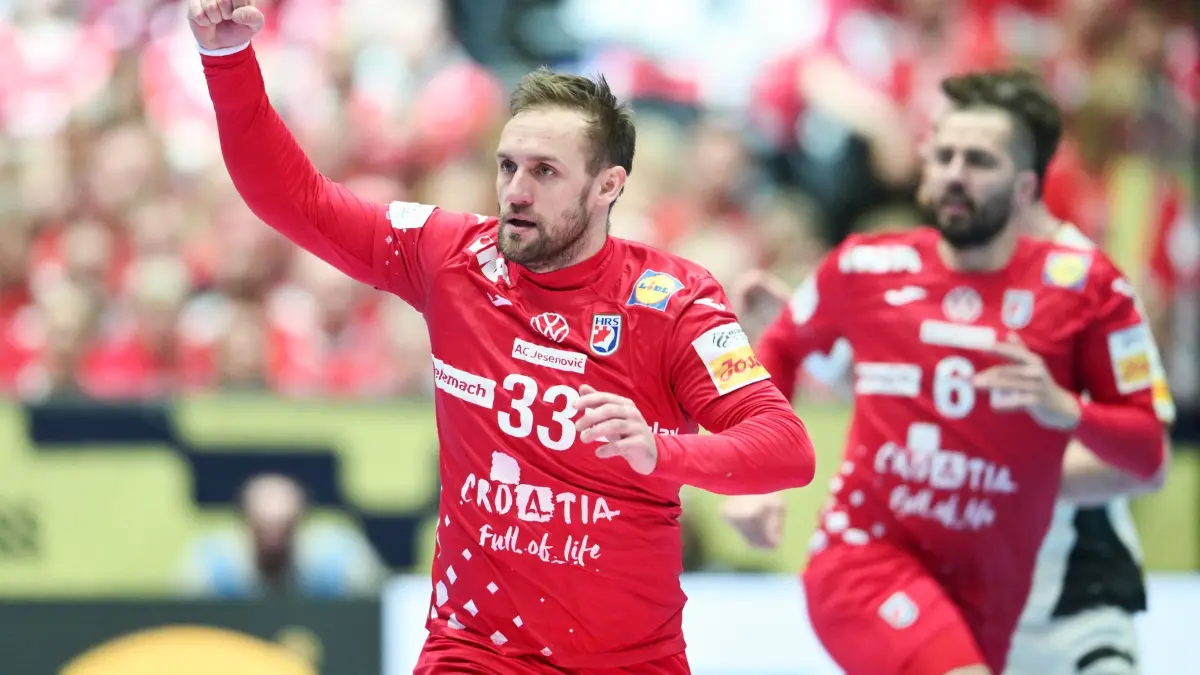 Deutschland - Kroatien: 30.01.2026, Dänemark, Herning: Handball: EM, Deutschland - Kroatien, Finalrunde, Finalrunde, Halbfinale, Jyske Bank Boxen. Luka Cindric (Kroatien) reagiert. Foto: Sina Schuldt/dpa +++ dpa-Bildfunk +++