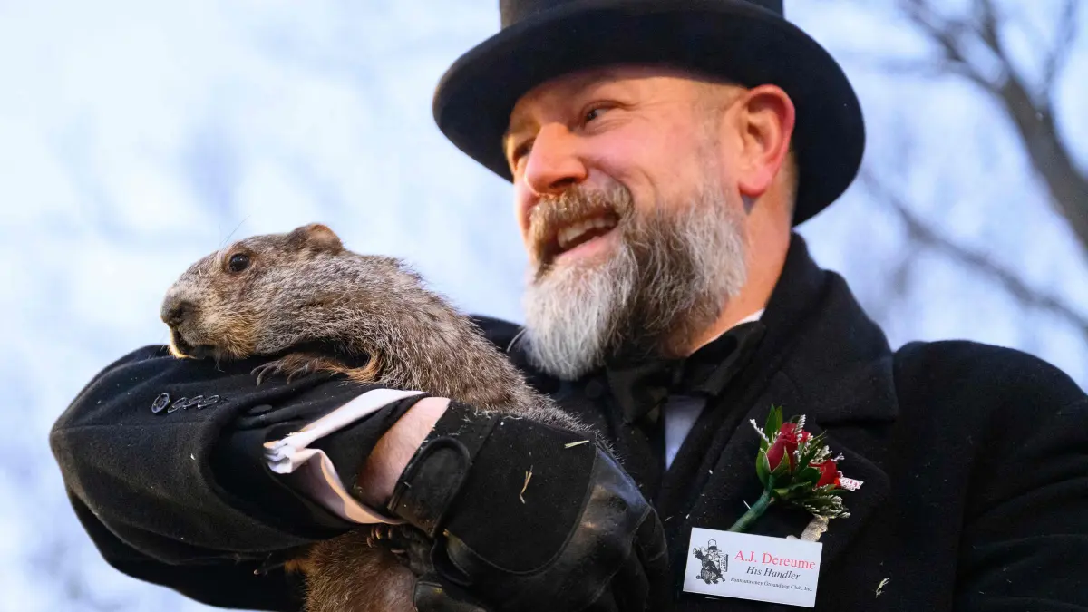 Punxsutawney Phil Looks For His Shadow On Groundhog's Day: PUNXSUTAWNEY, PENNSYLVANIA - FEBRUARY 2: Groundhog handler AJ Dereume holds Punxsutawney Phil after he saw his shadow, predicting 6 more weeks of winter during the 140th annual Groundhog Day festivities on Monday February 2, 2026 in Punxsutawney, Pennsylvania. Groundhog Day is a popular tradition in the United States and Canada. If Punxsutawney Phil sees his shadow he regards it as an omen of six more weeks of bad weather and returns to his den. Early spring arrives if he does not see his shadow, causing Phil to remain above ground. Jeff Swensen/Getty Images/AFP (Photo by JEFF SWENSEN / GETTY IMAGES NORTH AMERICA / Getty Images via AFP)