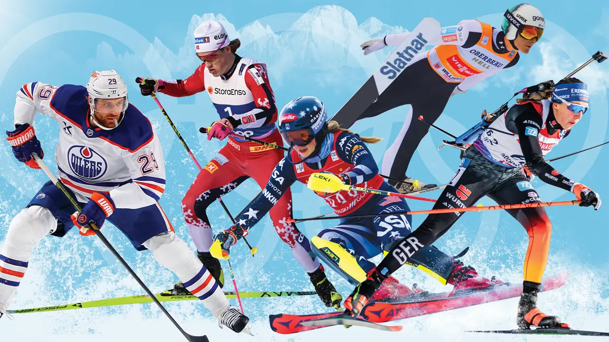 Nationale und internationale Stars der Spiele: Leon Draisaitl, Johannes Hösflot Kläbo, Mikaela Shiffrin, Domen Prevc und Franziska Preuß (von links).