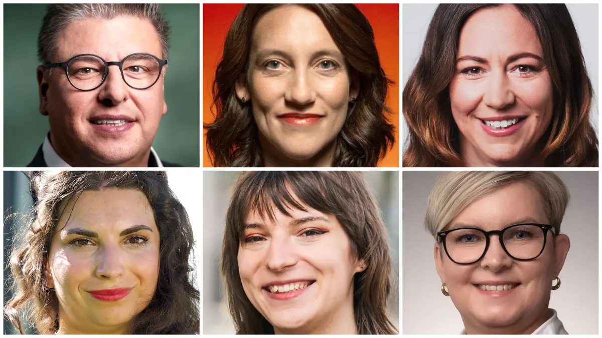 Landtagswahl BW 2026, Kandidierende im Wahlkreis 62 Tübingen. Obere Reihe von links: Daniel Lede Abal (Bündnis 90/Die Grünen), Dorothea Kliche-Behnke (SPD), Diana Arnold (CDU). Untere Reihe: Irene Schuster (FDP), Katharina Poppei (Linke), Anna Schneider (AfD).