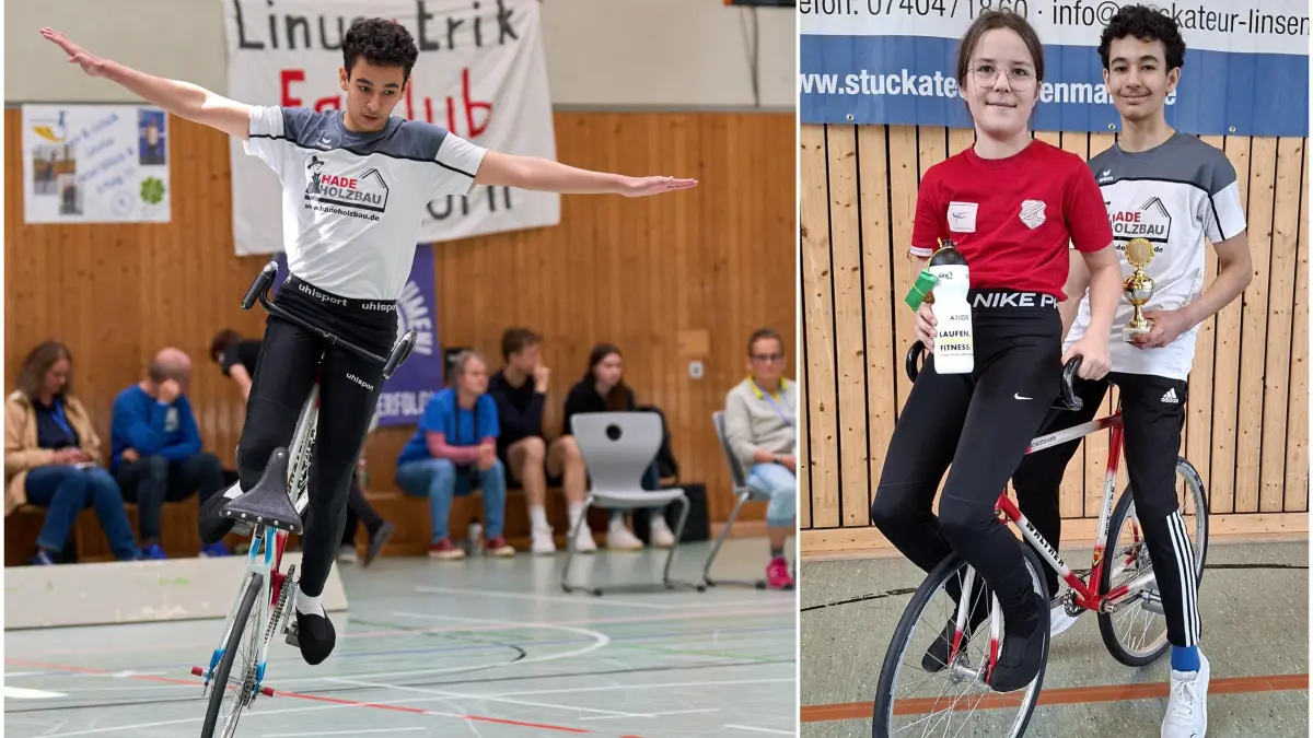 Elijah Beck, bei seinem Programm (li.) bei den Junioren und Lena Schneider (re.)