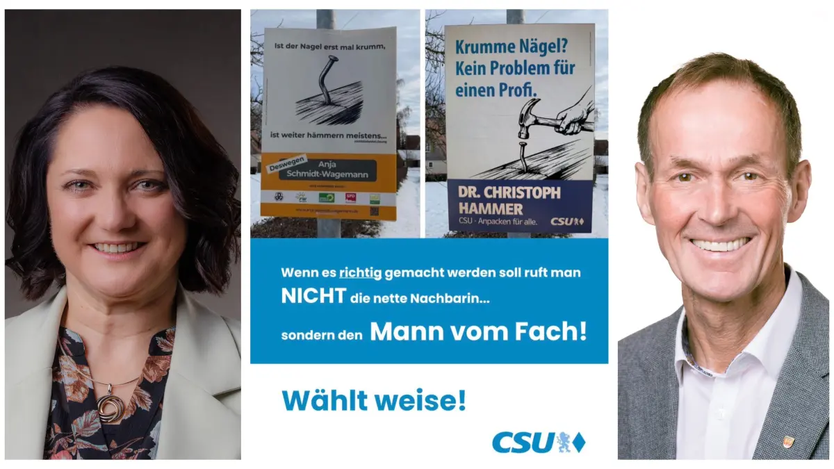 Oberbürgermeisterwahl in Dinkelsbühl: Herausforderin Anja Schmidt-Wagemann und Amtsinhaber Dr. Christoph Hammer Wahlplakate