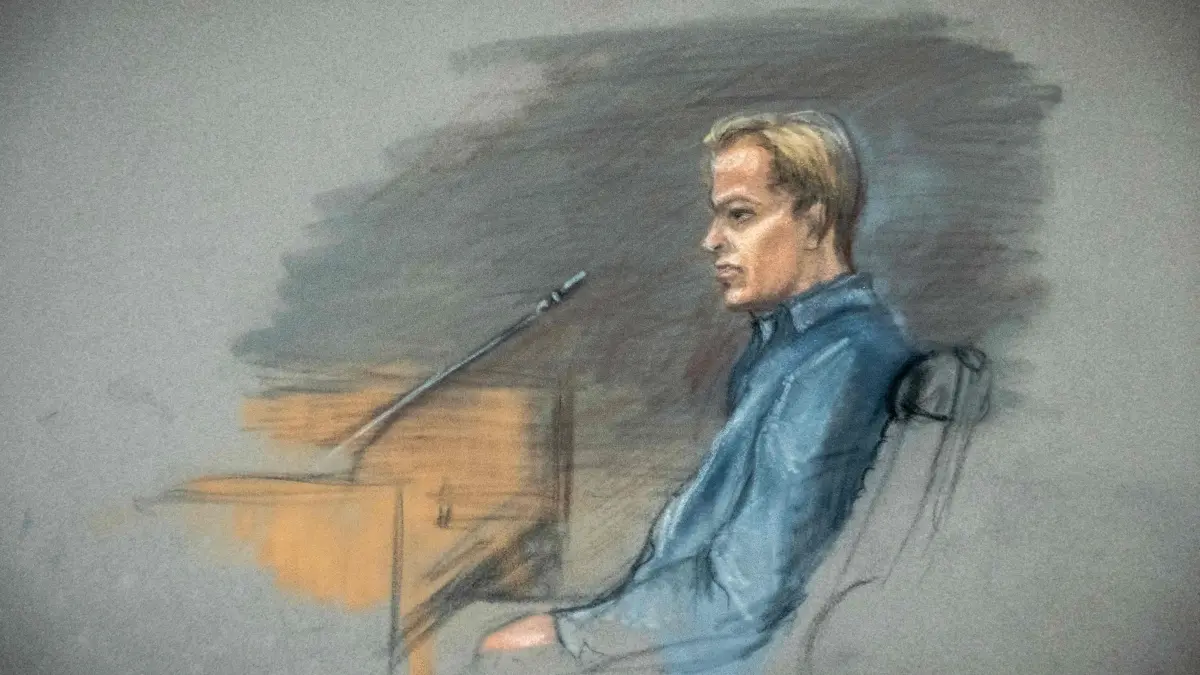 A court sketch depicts Marius Borg Hoiby, son of Norwegian Crown Princess Mette-Marit during the third day of a trial in Oslo at the District Court on February 5, 2026. The son of Norway's future queen, on trial accused of rape, on February 5, 2026 denied that he had ever drugged anyone, following testimony from a plaintiff the day before. Marius Borg Hoiby, Crown Princess Mette-Marit's 29-year-old son from a relationship before her 2001 marriage to heir apparent Crown Prince Haakon, is on trial accused of 38 crimes, including four rapes and assaults against ex-girlfriends. (Photo by Ane Hem / NTB / AFP) / Norway OUT