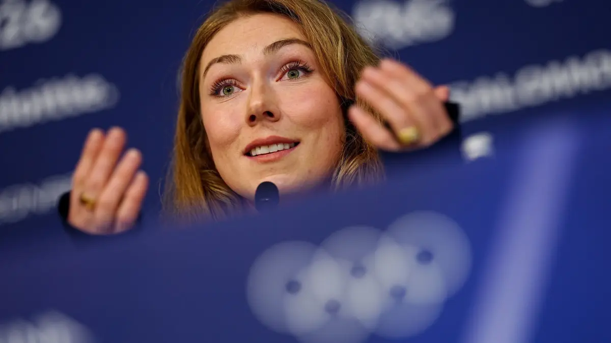 Olympische Winterspiele 2026: 07.02.2026, Italien, Cortina D'ampezzo: Olympia, Olympische Winterspiele Mailand Cortina 2026, Ski alpin, Pressekonferenz. US-Star Mikaela Shiffrin. Foto: Michael Kappeler/dpa +++ dpa-Bildfunk +++