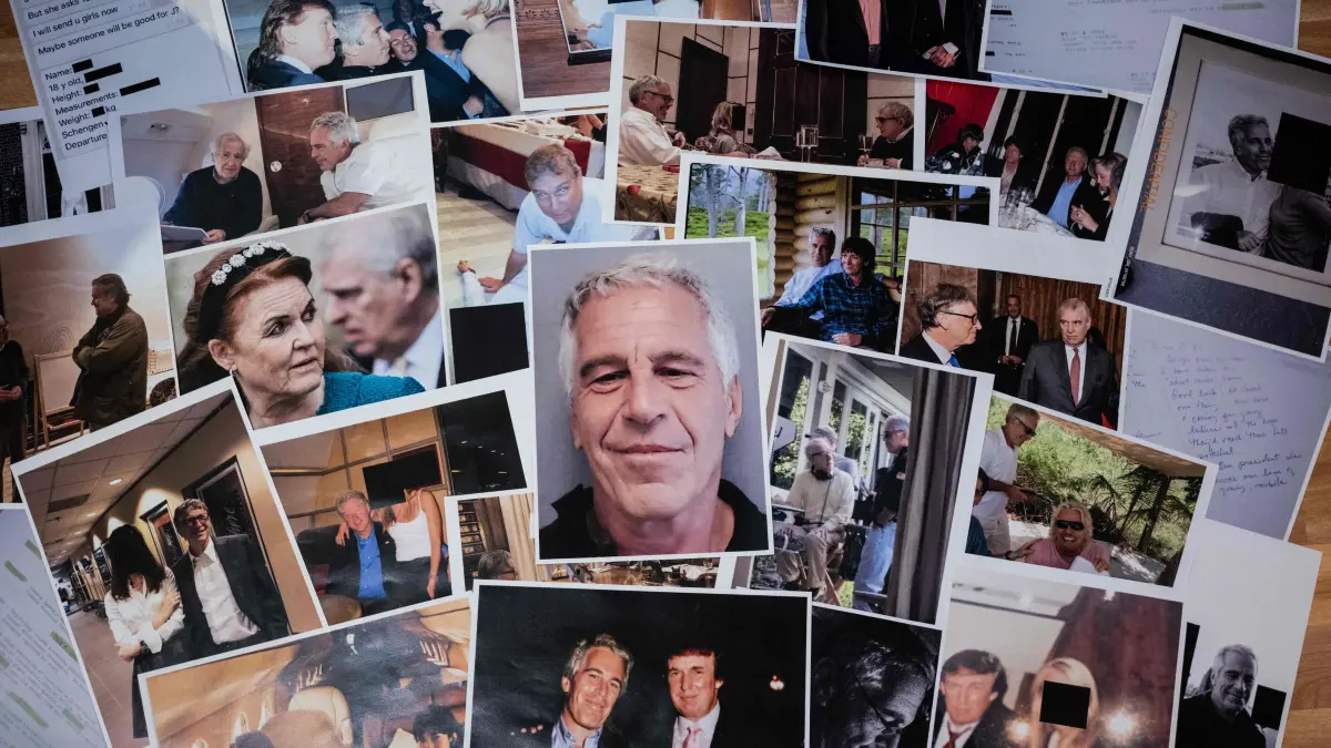 This photograph taken in Le-Perreux-sur-Marne, outside Paris on February 9, 2026 shows undated pictures provided by the US Department of Justice on January 30, 2026 as part of the Jeffrey Epstein files. US authorities on January 30, 2026, released the latest cache of files related to the investigation into the late conviceted sex offender Jeffrey Epstein. The files contained references to numerous high-profile figures. (Photo by Martin BUREAU / AFP)