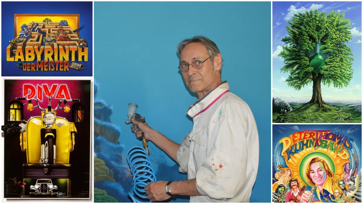 Andreas Härlin und eine kleine Auswahl seines Werks. Der umtriebige Grafiker, Illustrator und Künstler aus Tübingen arbeitete für Konzerne und Kumpels gleichermaßen. Er entwickelte Spieleoptiken (oben links), Film- und Konzertplakate, aber auch Produkt-Ästhetiken mit. Grafiken: Andreas Härlin