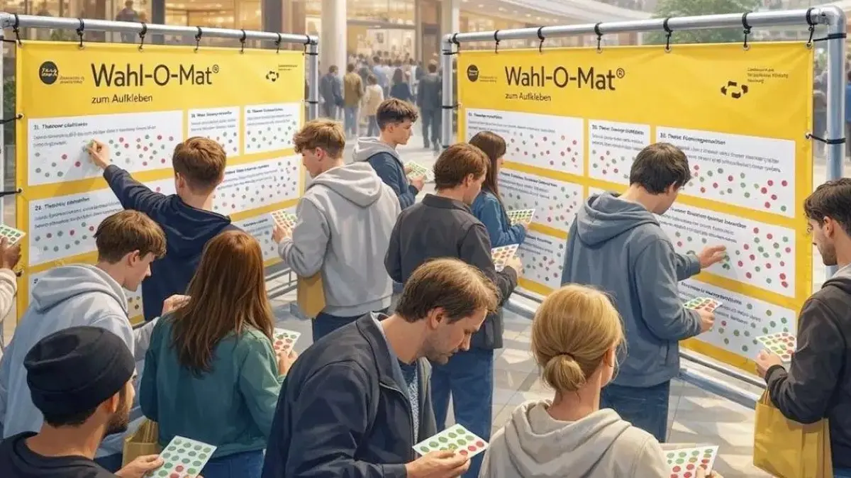 Symbolbild „Wahl-O-Mat zum Aufkleben“ in einem Einkaufszentrum.