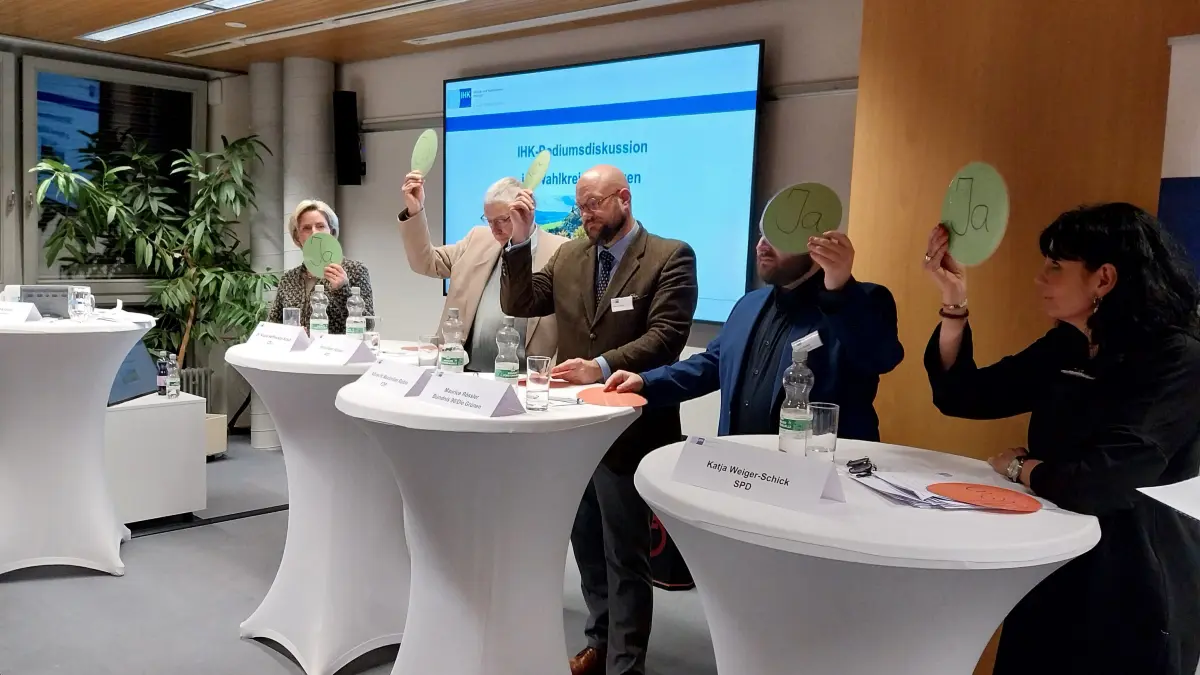 Bei der IHK-Podiumsdiskussion zum Thema Wirtschaft wurden die Direktkandidaten aus dem Wahlkreis Balingen zu verschiedenen Großprojekten befragt. Zustimmung oder Ablehnung wurde per grüner oder roter Karte ausgedrückt.