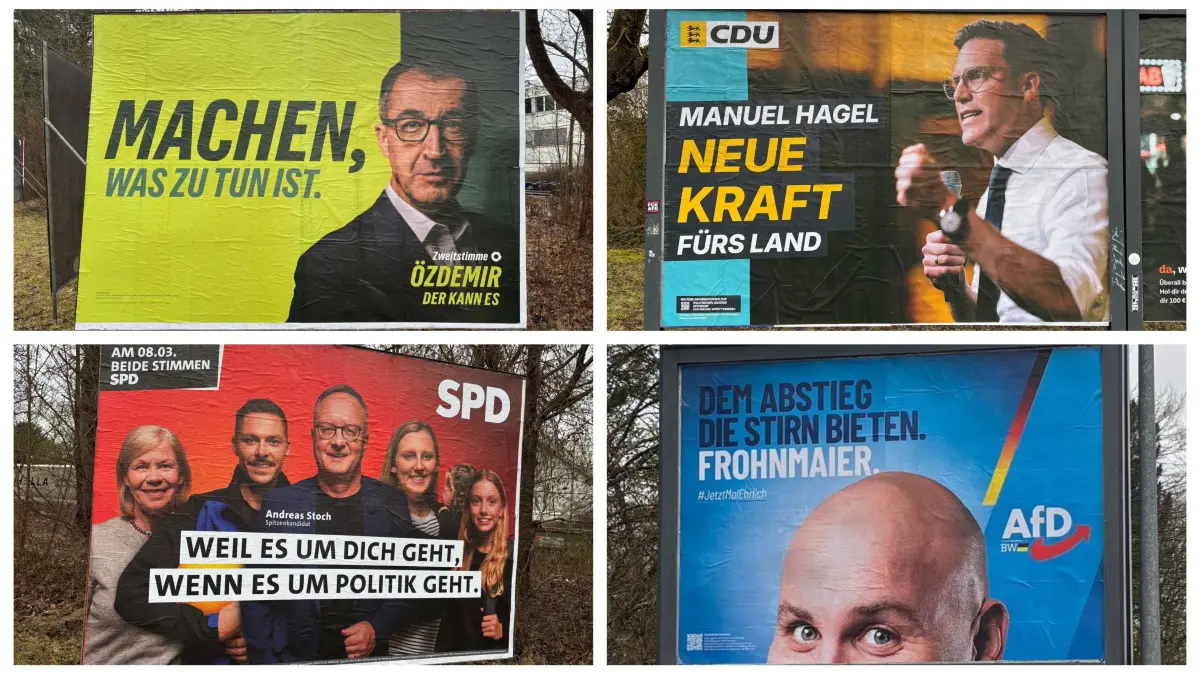 Vier Plakate, vier verschiedene Botschaften: So präsentieren die vier großen Parteien ihre Spitzenkandidaten für die Landtagswahl.