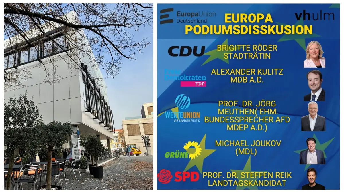 Das rechte Bild zeigt eine Plakatidee zur Podiumsdiskussion, auf dem Jörg Meuthen nicht nur aufgeführt, sondern auch als ehemaliger Bundessprecher der AfD benannt wird. Der Rechtschreibfehler ist ein Hinweis darauf, dass es sich noch um einen Entwurf handelt. Doch ging er per Mail an die vh.