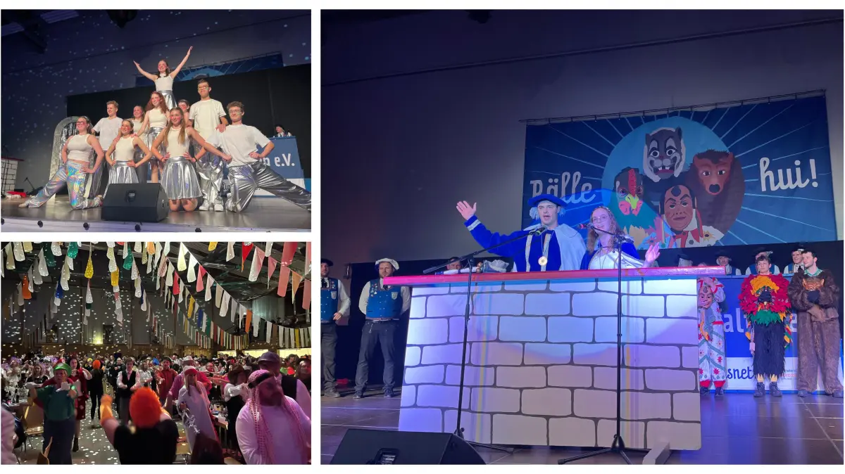 Zunftball Zwiefalten: „De Jonge von der Musik" tanzten sich durch drei Jahrzehnte (links oben), das Burggrafen-Paar Florian III. und Lea I. wurde inthronisiert (rechts), und bei der Mitmach-Zugabe zum TikTok-Hit „Gute Laune" blieb kein Fuß still (links unten).