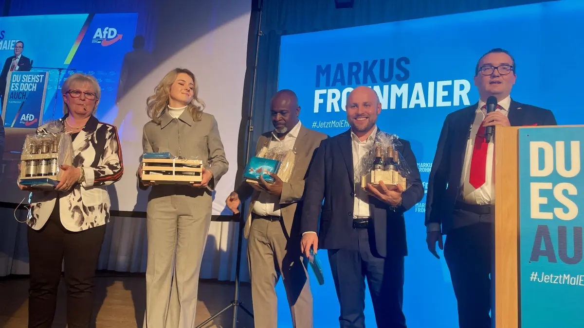 Reden von Udo Stein, Diana Zimmer, Serge Menga und Markus Frohnmaier bei der AfD-Wahlkampfveranstaltung in Onolzheim