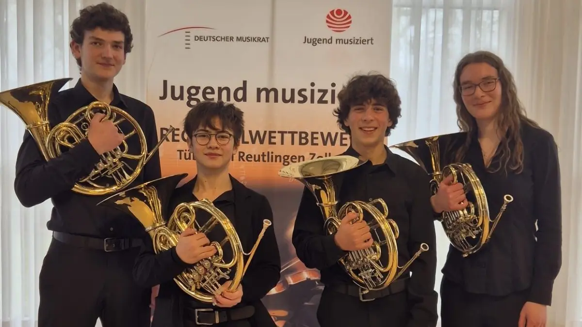 Das Hornquartett der Tübinger Musikschule mit Jakob Eschenbeck, Elias Sänger, Lasse Lai, Johanna Eschenbeck (von links) erhielt einen ersten Preis mit Weiterleitung zum Landeswettbewerb.