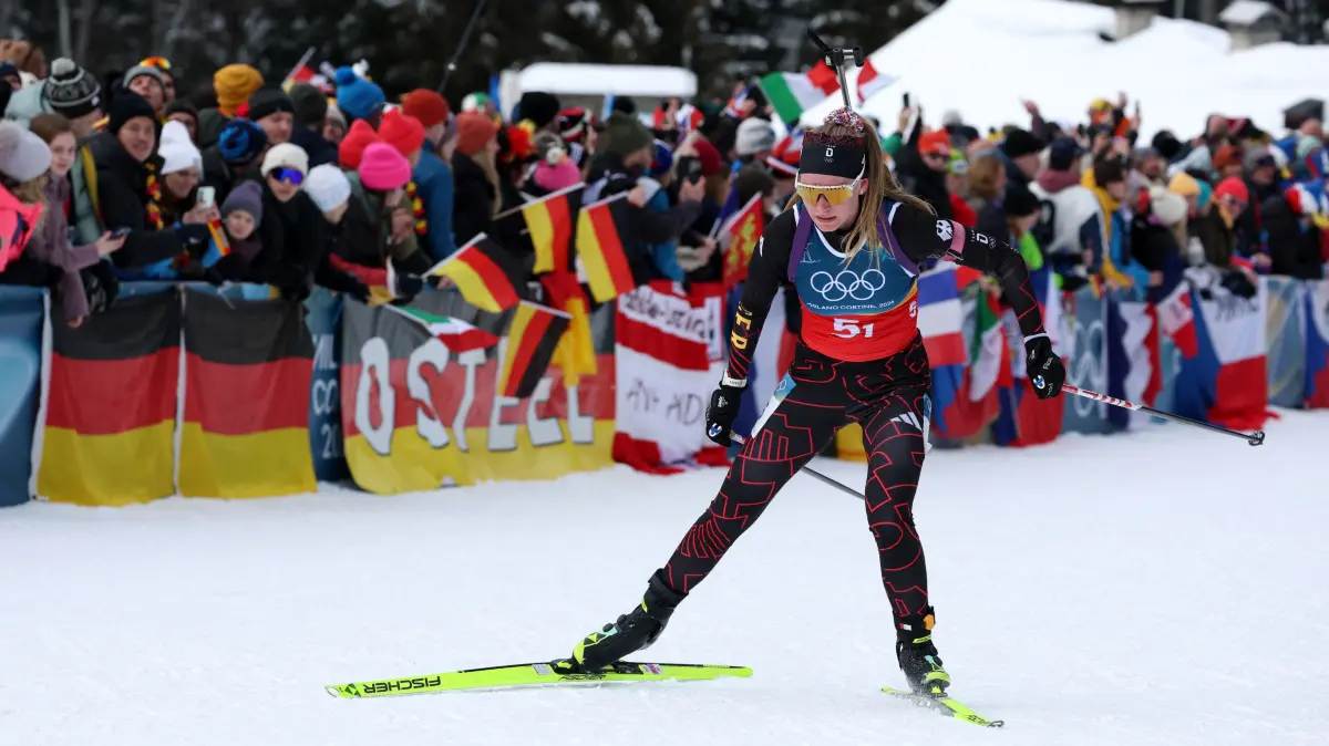 776396066: Germany's Julia Tannheimer competes in the women's biathlon 4x6km relay event during the Milano Cortina 2026 Winter Olympic Games at the Anterselva Biathlon Arena (Sudtirol Arena) in Anterselva (Val Pusteria) on February 18, 2026. (Photo by Odd ANDERSEN / AFP)